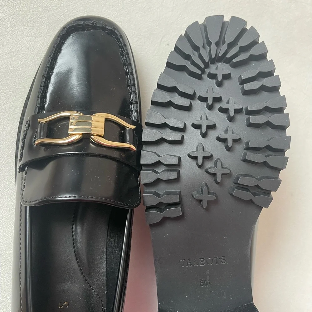 Talbots Gianna Chunky Black Leather Loafers with Gold Buckle Size 8M 2 inch Heel - Picture 4 of 7
